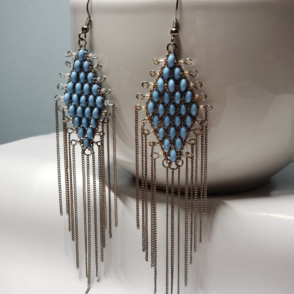 Diamond Shape Turquoise Beaded Earrings